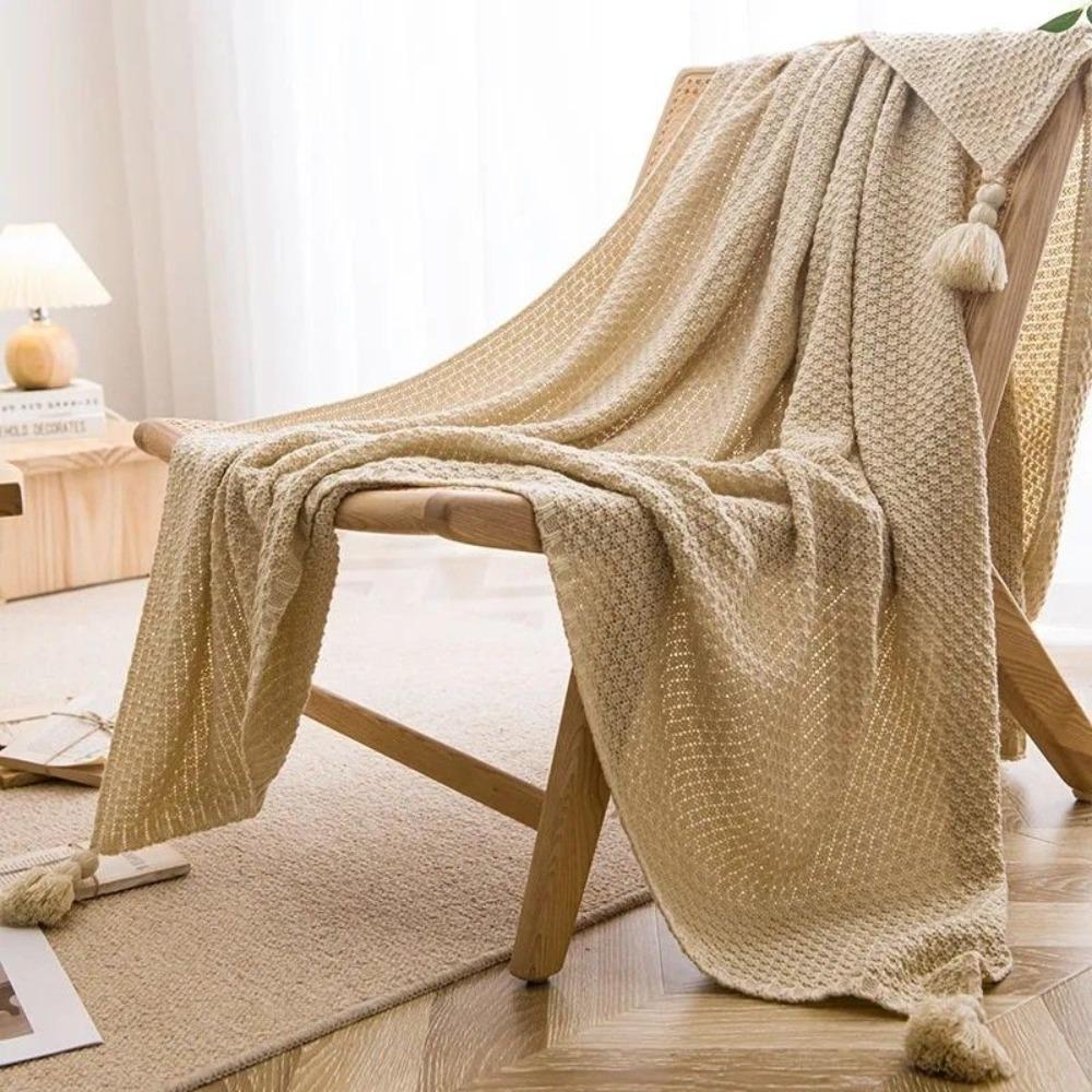 with Tassel Nordic Knitted Blanket Waffle Pattern Sofa Blanket Simple Nap Blanket  Air Condition