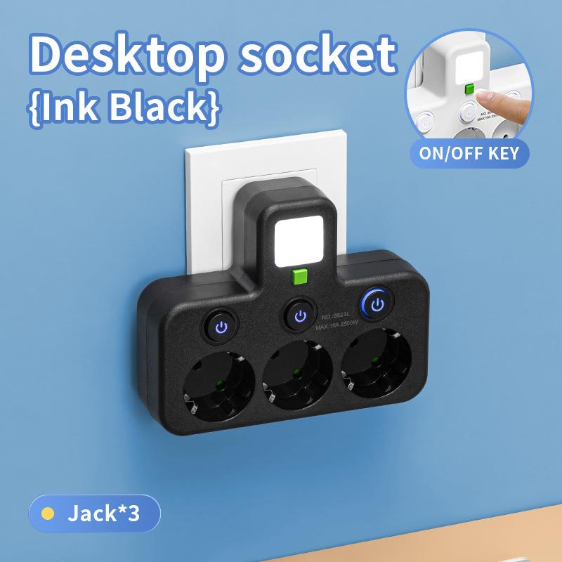 

Євровилка Подовжувач Розетки змінного струму Порти USB Type-C Дві специфікації Незалежний вимикач з маленьким нічним світлом 【A】Jack*3 чорний
