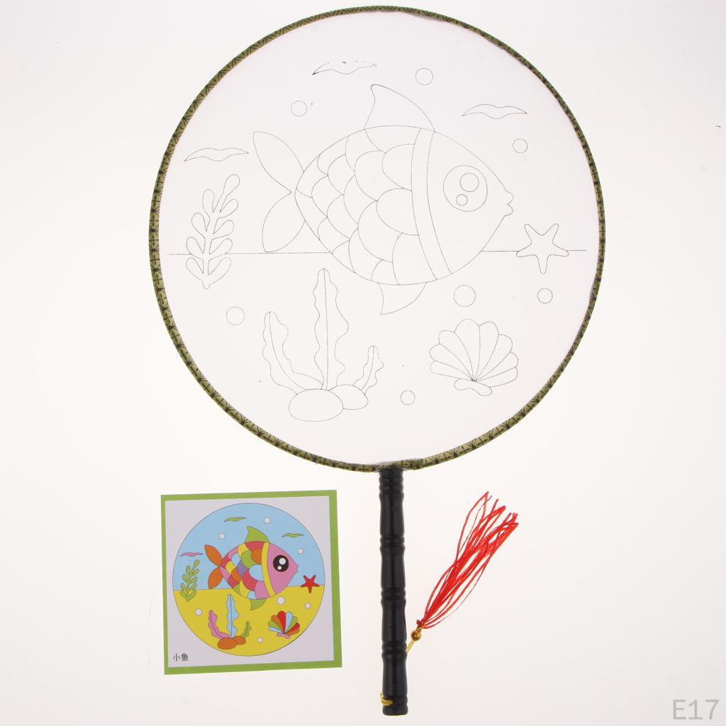 1 piece Ancient Handheld Fan Round Paddle Mandarin Handle with Fabric, Blank Patterns