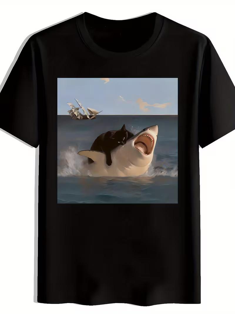 Black Cat Suppressing Great White Shark Graphic Print Men S Casual Round Neck T- XXL