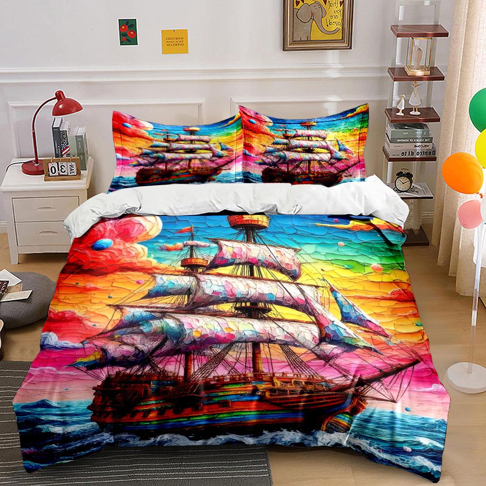 Colorful Ship Art Decor Set Bedding Set with 1 Duvet Cover 2 Pillowcases Single Double King Queen, Gift