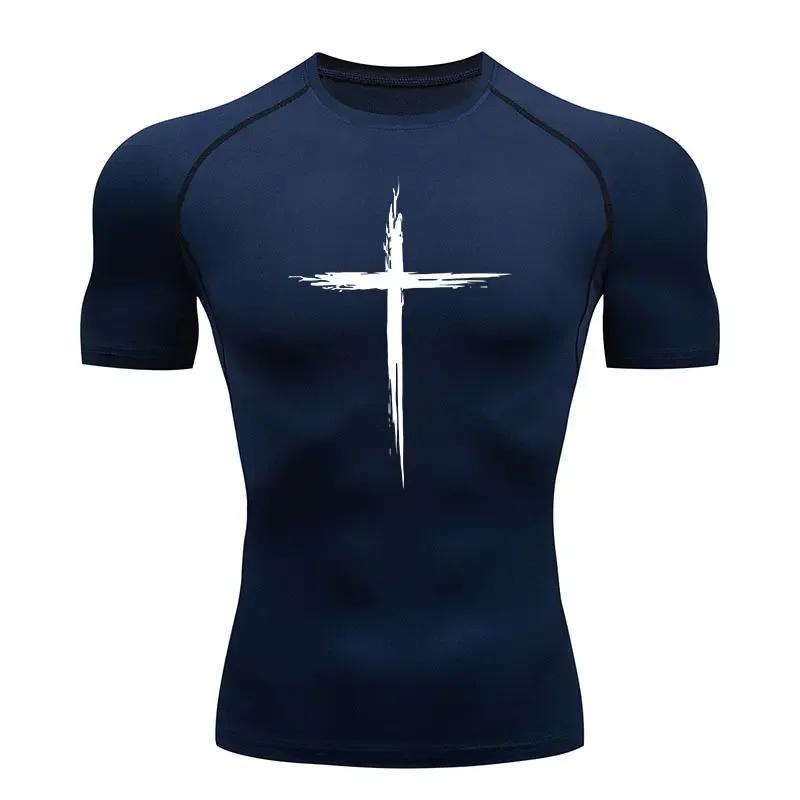 Men's Quick Dry Cross Print Sportswear Running Compression Tee Shirt Athletic Muscle Tshirt Fitness Gym Undershirt Sport Top