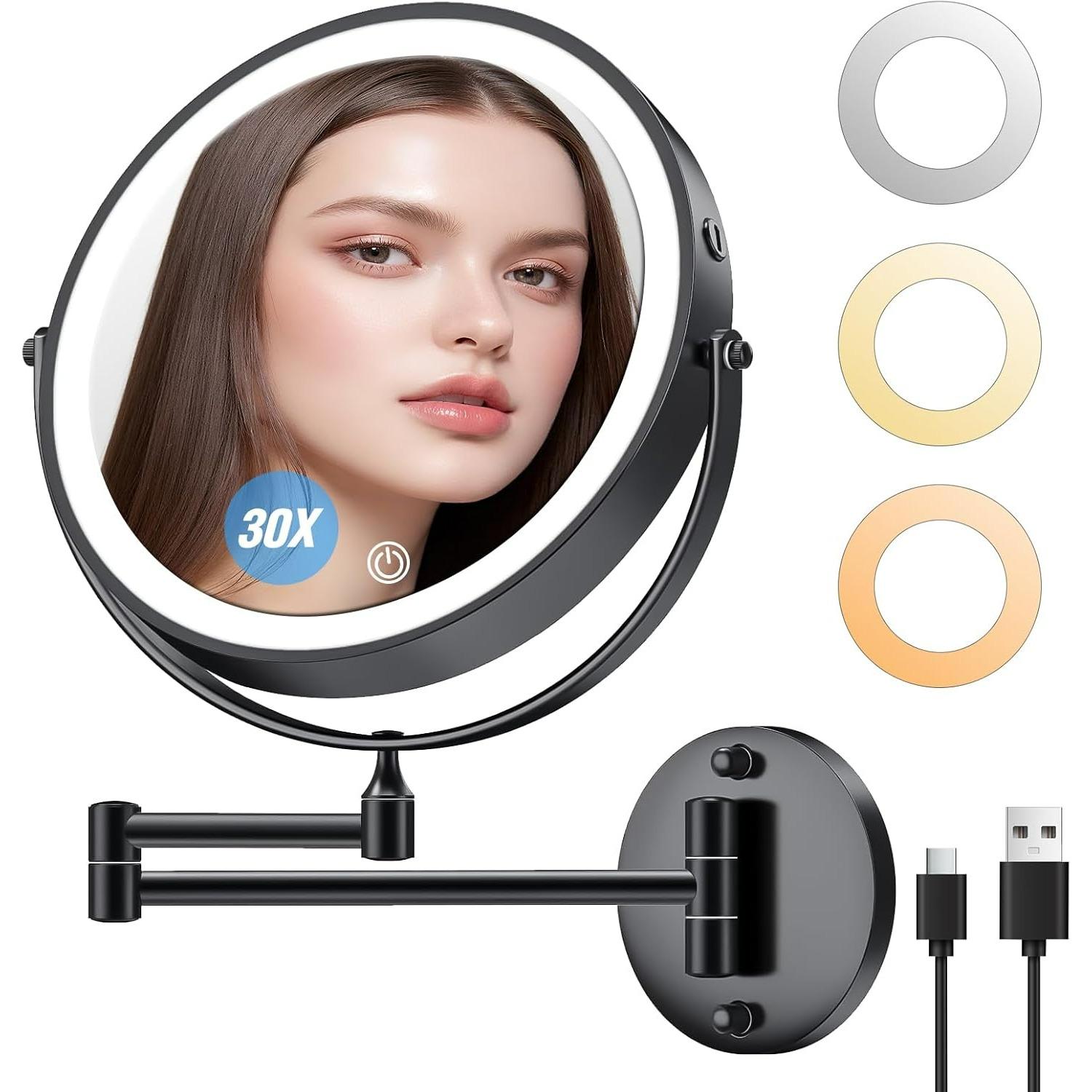Rechargeable Wall Mounted Lighted Makeup Mirror 30X Magnifying Mirror with Light Dimmable LED Bathroom Mirror Black 360°Swivel Adjustable Vanity