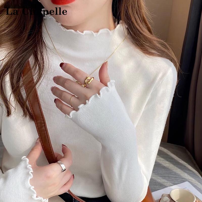 

La Chapelle Women s Ruffle Semi-High Collar Knit Sweater One Size