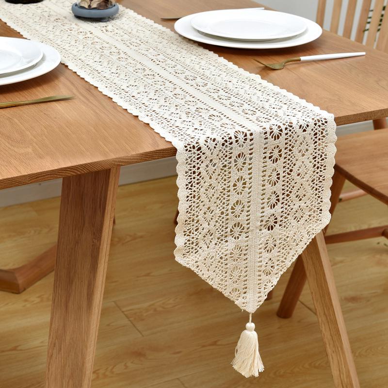 American Retro Lace Crochet Table Runner - Polyester Cotton Tassel Mat 24x100cm