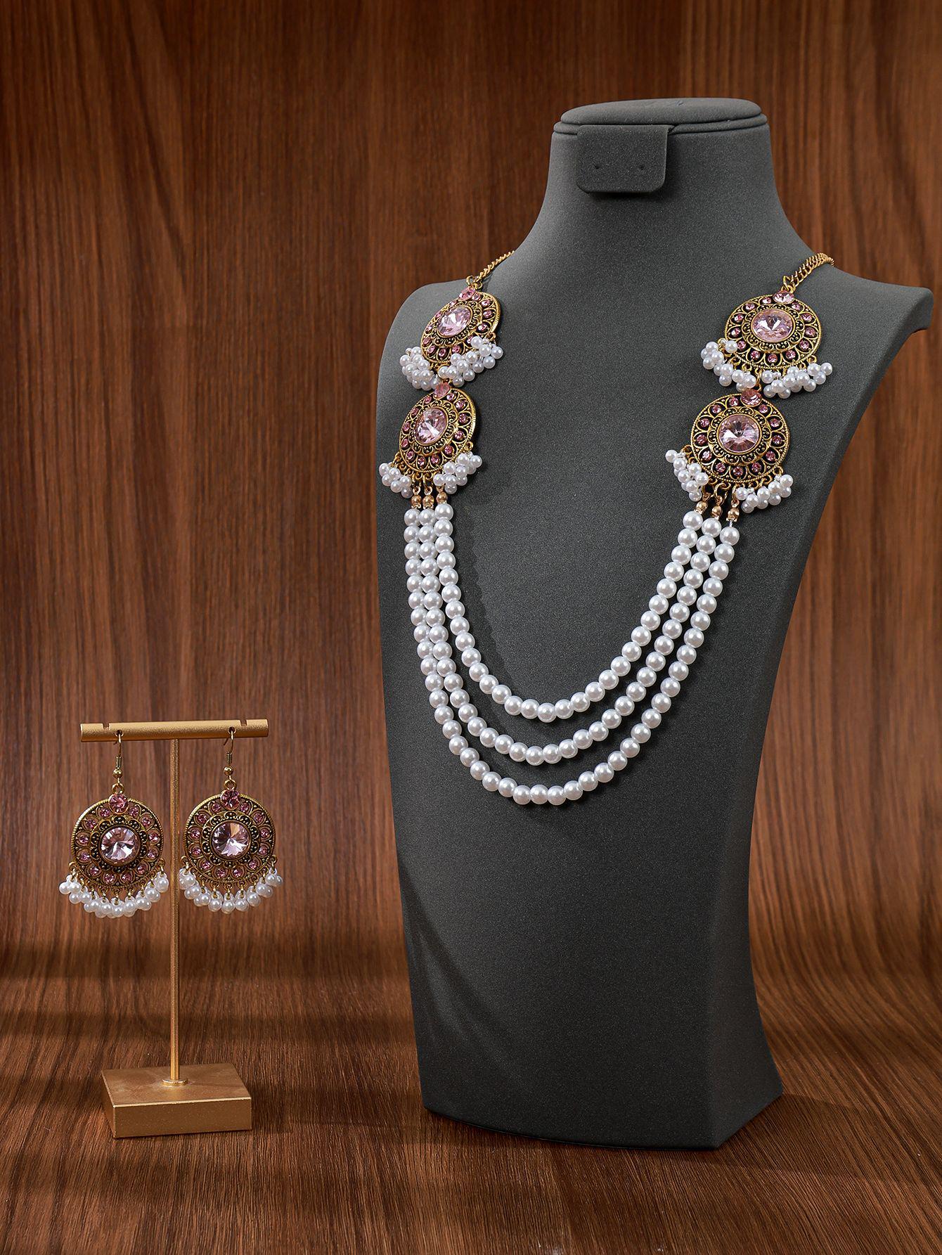 European & Indian-Inspired Colorful Rhinestone Tassel Jewelry Set: High-End Retro Court Style Earrings & Necklace. розовый