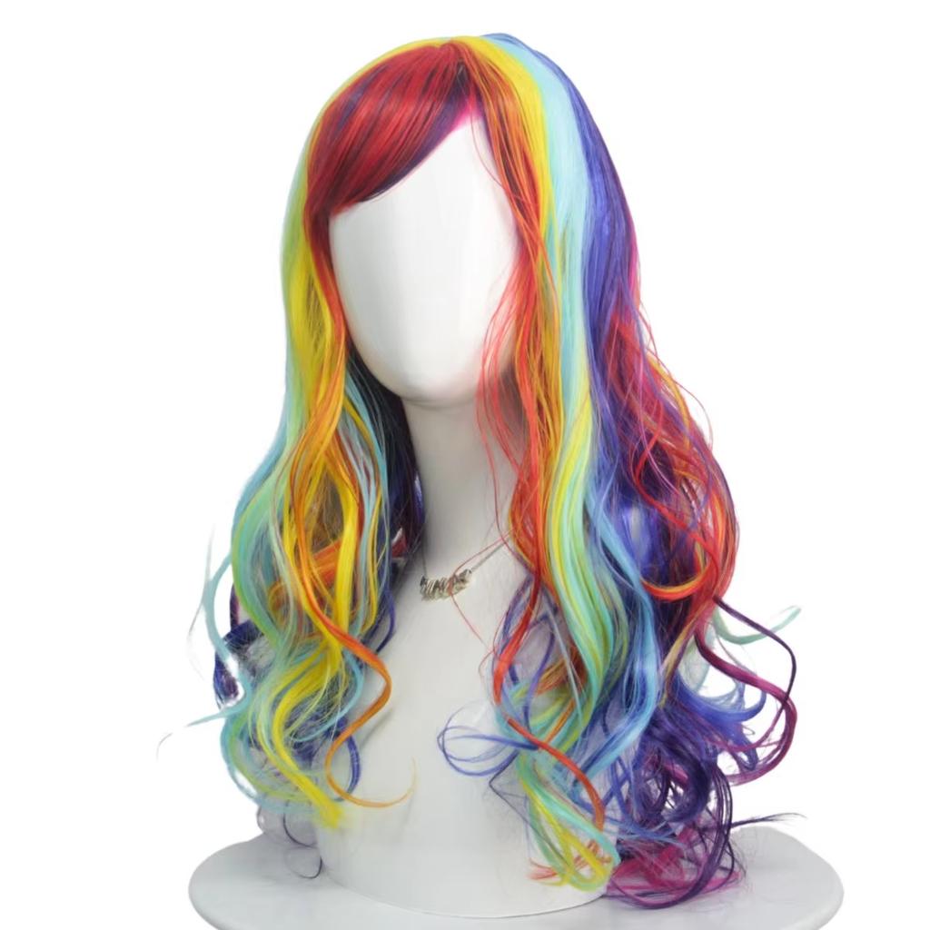 Fashion Rainbow Color Wave Long Curly Hair Fiber Synthetic Wig Anime Party Holiday Cosplay