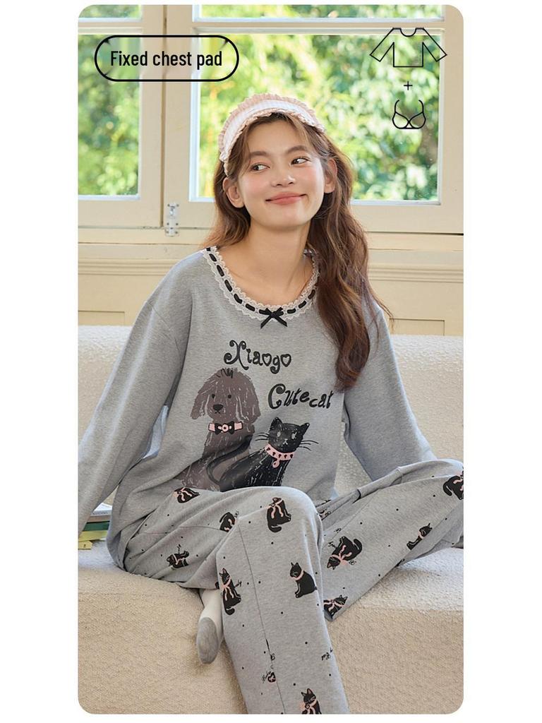 Women's Cute Cartoon Cotton Pajama Set with Chest Pad – Long Sleeve & Pants for Spring/Autumn
