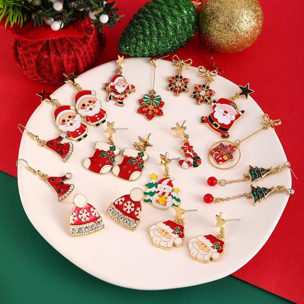 European & American Style Christmas Tree & Santa Claus Alloy Stud Earrings with Snowflake Design