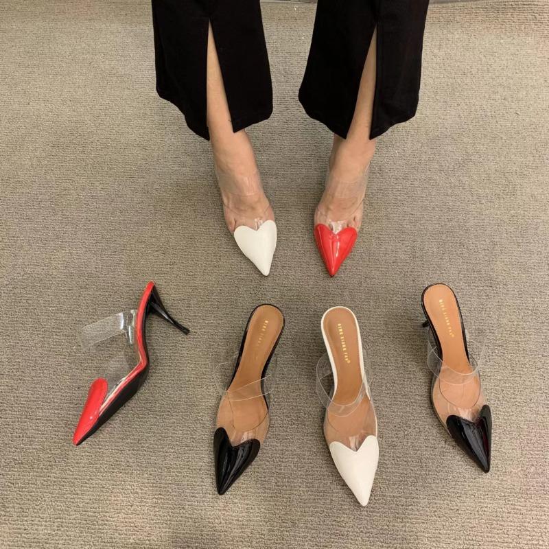 Fashion Pointed Toe Slippers,High Heeled Summer Shoes,Transparent PVC Slides,Outside Wearing,Slip On,Black,White,Red,