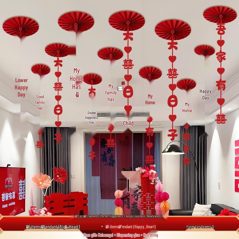 Wedding Décor: Double Happiness Paper Cut Ornaments for Ceiling and Walls, Festive Butterfly Pull Flowers for Bedrooms and Living Rooms
