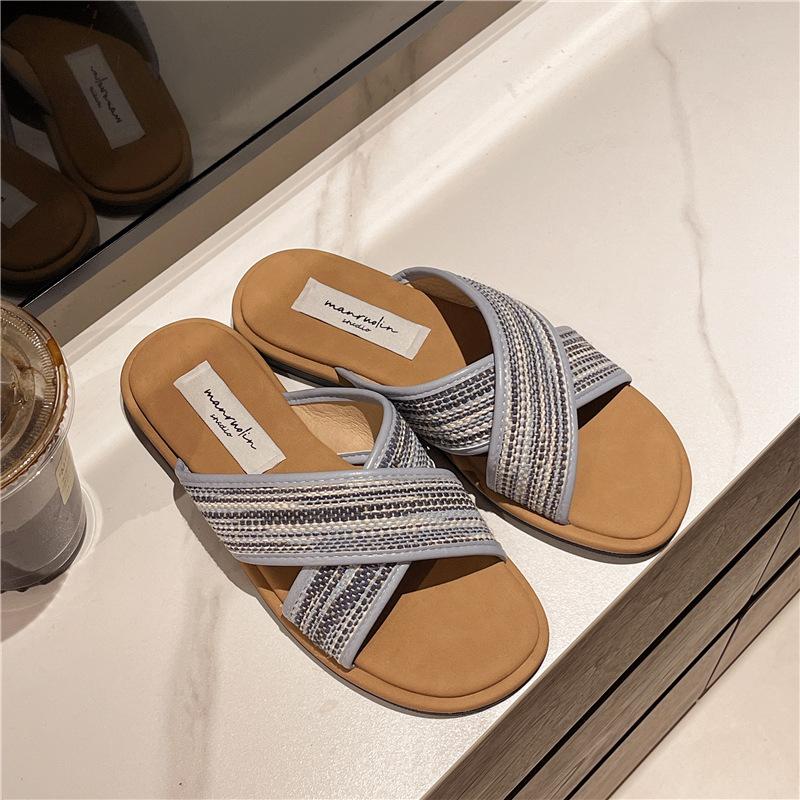 

Flat-bottomed retro woven cross-strapped cool slippers fairy shoes outer wear 2025 summer vacation beach roman slippers 40 синий