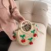 Yogodlns Bolsa de Palha Cereja Feminina Bolsa de Mão Tecida à Mão Formato de Lua Bolsa de Rattan Grande Capacidade Cordão Casual Bolsa de Ombro Cruzada para Praia