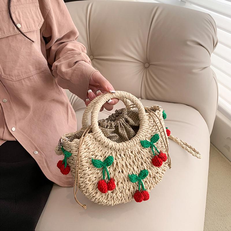 Yogodlns Bolsa de Palha Cereja Feminina Bolsa de Mão Tecida à Mão Formato de Lua Bolsa de Rattan Grande Capacidade Cordão Casual Bolsa de Ombro Cruzada para Praia