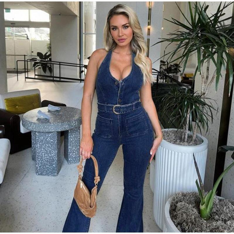 Women's Sleeveless Hanging Neck Denim Jumpsuit Summer New Outfit Slim Fit Denim Pants New Fashion Style Lady Strapless Sleeveless Blue Jumpsuits