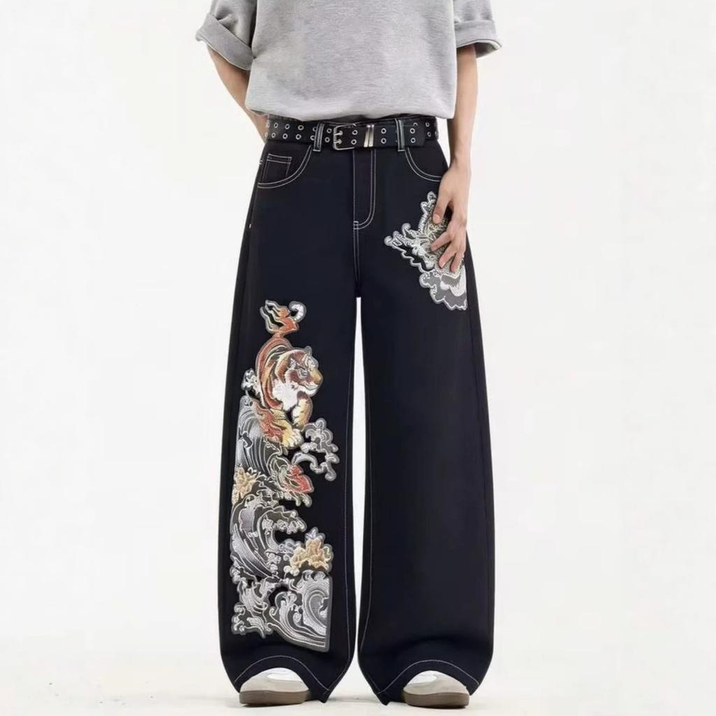 New American street tide brand embroidery autumn and winter animation casual loose scimitar jeans