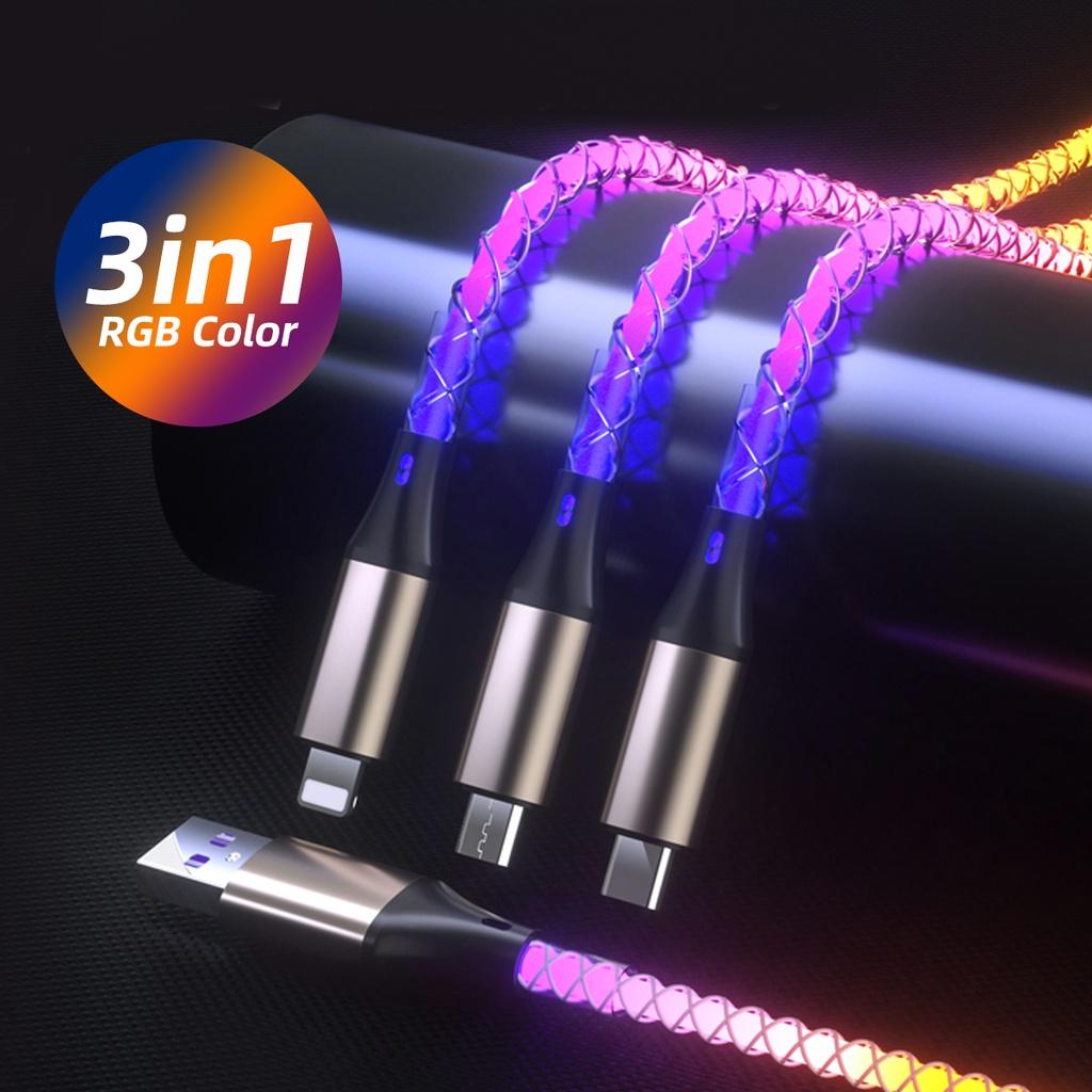 FONKEN 3 In 1 6A 66W Fast Charging Cable USB To Type-C Micro USB Lightning Charger Cable RGB Colorful Glow QData Cord