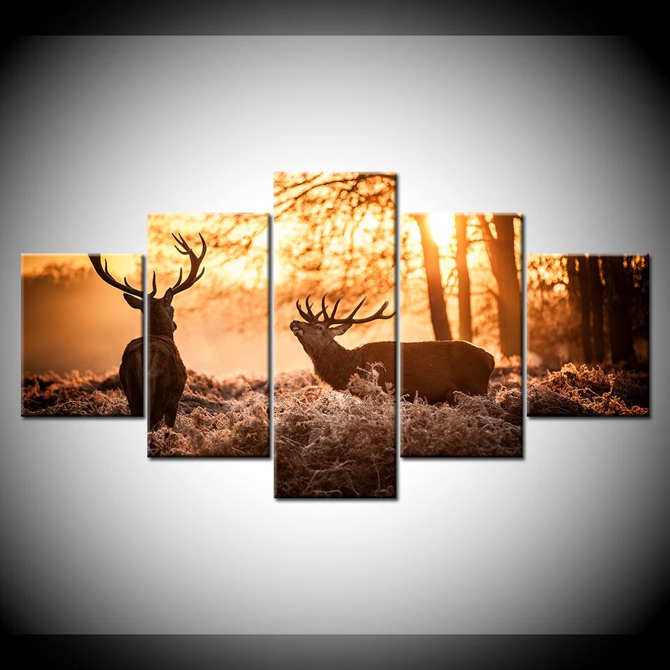 Canvas Painting HD Deer under dawn 5 Pieces Wall Art Painting Modular Wallpapers Poster Print Home Decor free shipping