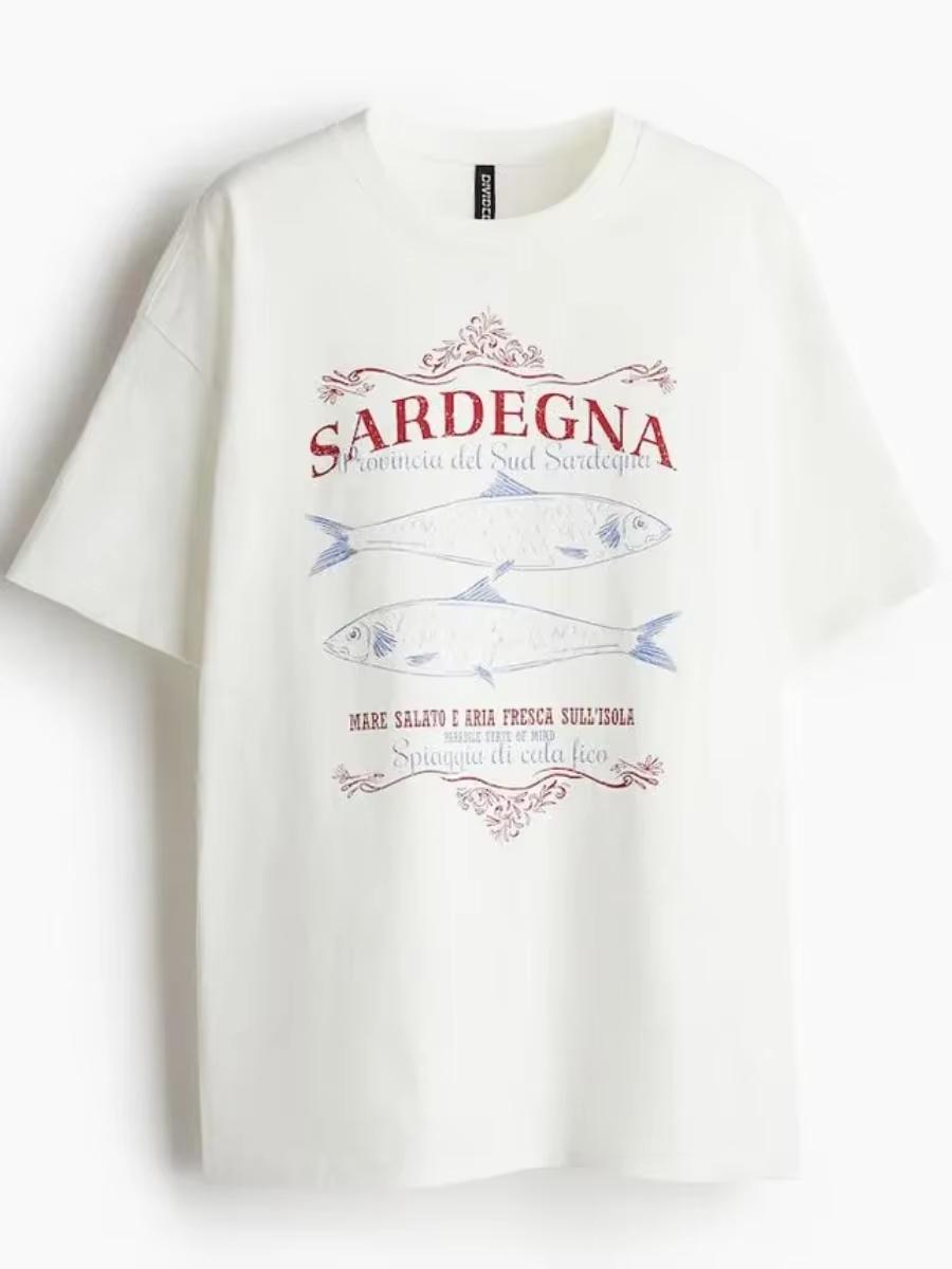 

2026 Pure Cotton Summer New Retro European and American Style Fashionable INS Style Salted Fish Print Womens Tshirt S