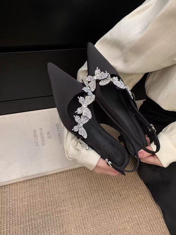 Fashion Women Crystal High Heels Sandals Shoes Butterfly Pointed Toe Slippers 2025 Designer Summer Elegant Party Dress Brand Shoes Mujer
