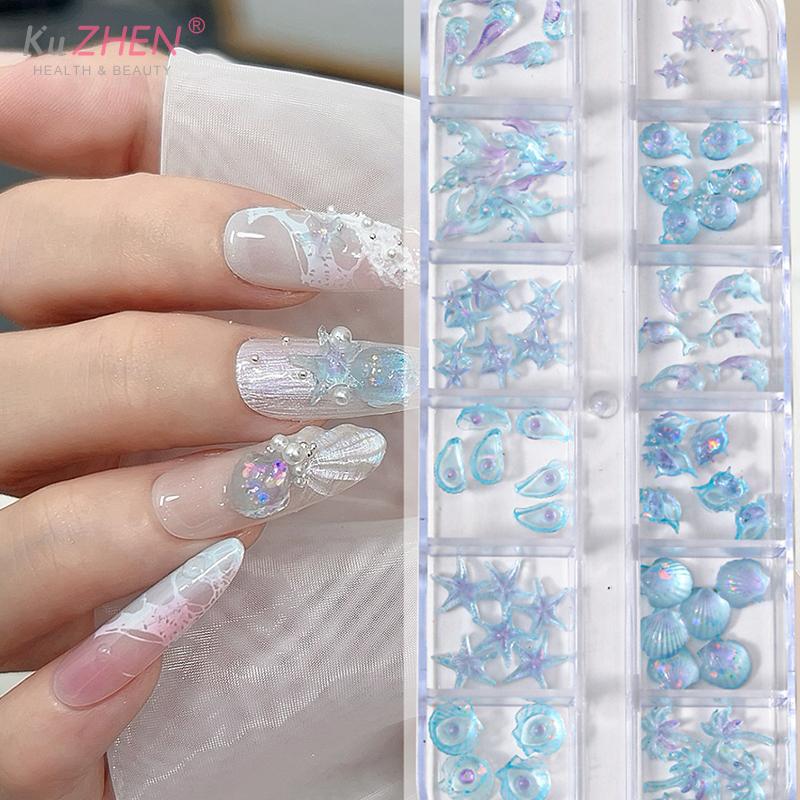 12 Grids/Box Aurora Nail Art Charms  Shell Starfish Mermaid Tail 3d Nail Art Accessories For A Dreamy And Oceanic Manicure Look