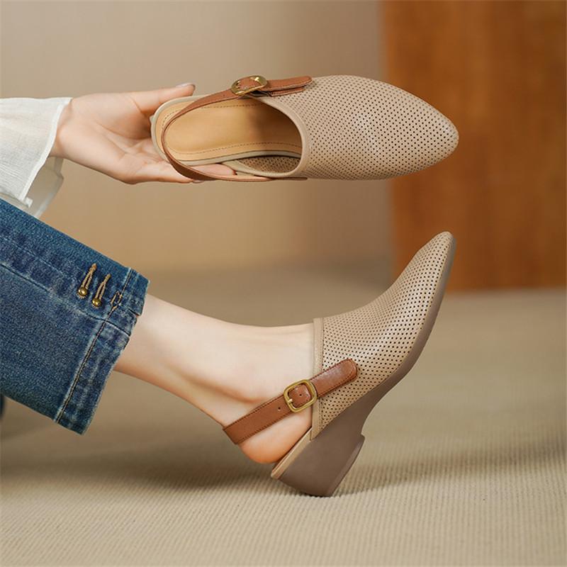 Fashion New Split Leather Summer Sandals Round Toe Sandals for Women Chunky Heels Fashion Hollow Out Sandals Breathable Ladies Shoes