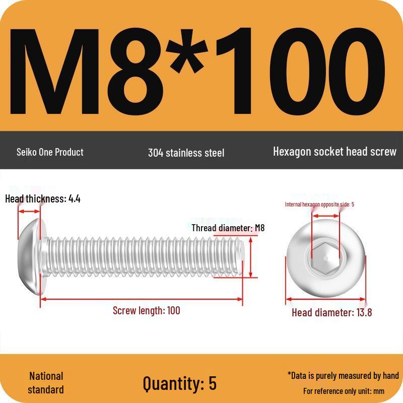 304 Stainless Steel Pan, Half, and Round Head Hexagon Screws (M2-M12)