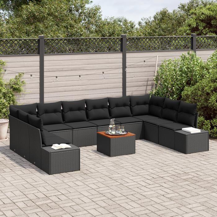 VidaXL Ensemble de canapé de jardin 11 pièces avec coussins Noir Poly Rotin Acacia 3356679