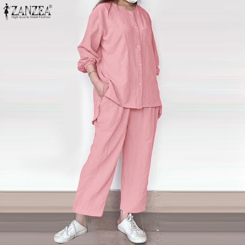 

ZANZEA Женская блузка и брюки повседневный комплект из двух предметов M синий