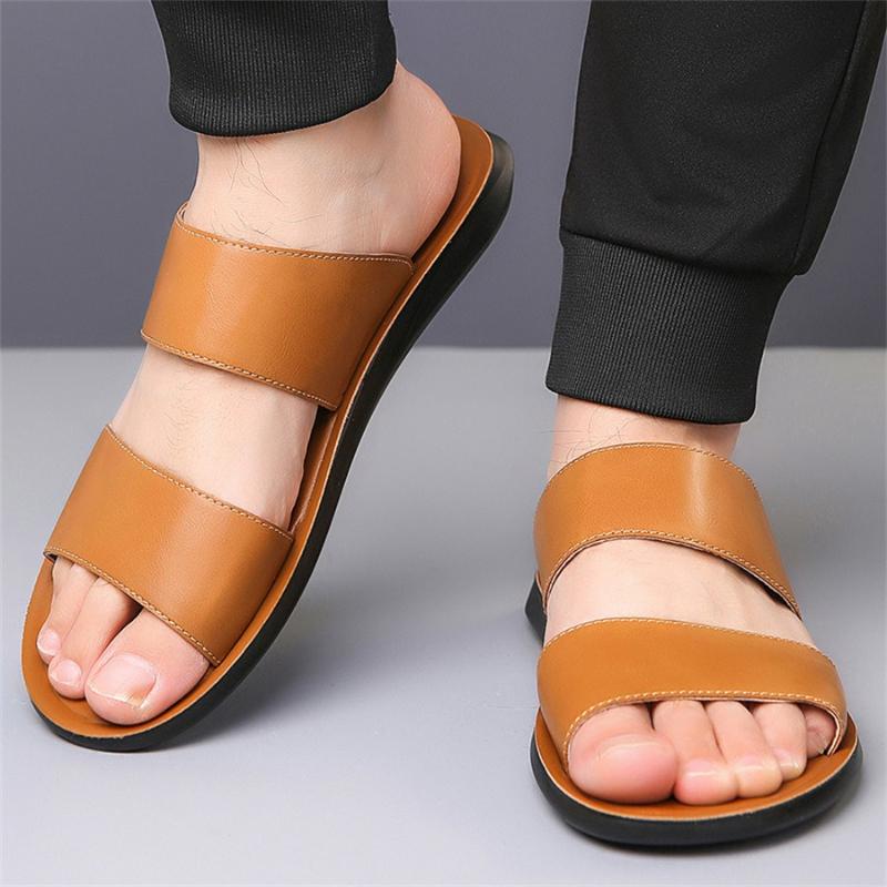 Trendiga herrtofflor Högkvalitativt Koskinn Läder Toffla Utomhus Casual Strandtofflor Herr Platta Sandaler Flip-flops Chanclas Hombre