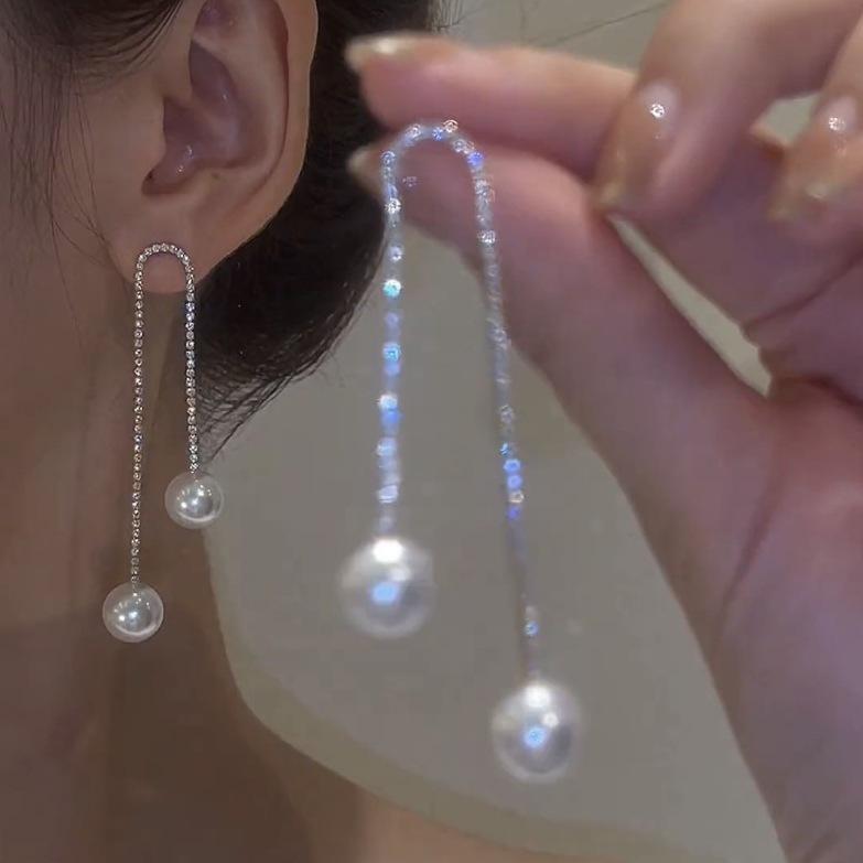 Silver needle diamond pearl fringed earrings women, face thin personality long earrings Internet celebrity temperament earrings серебряный