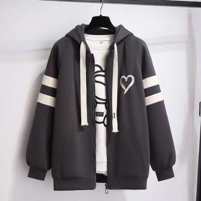 Herbst und Winter Kapuzenpullover Jacke Damen Strickjacke Vielseitig Plüsch Gefüttert Locker Baseball Trikot Innen