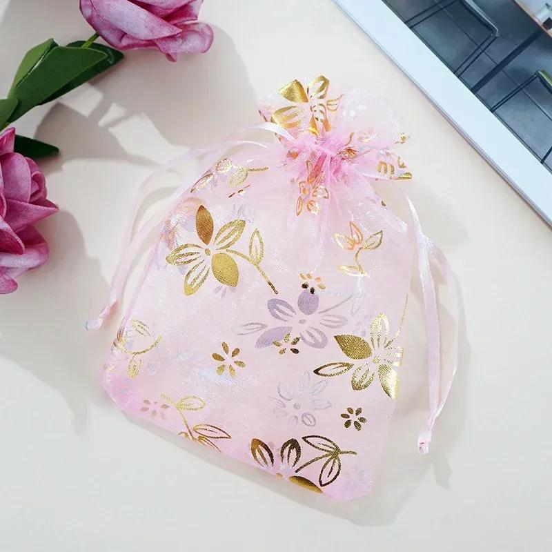 50piece Gold Stamp Rose Pattern Gauze Bag Colorful Pull Rope Self Sealing Storage Bags Candy Gift Accessory Package Jewelry Pouc