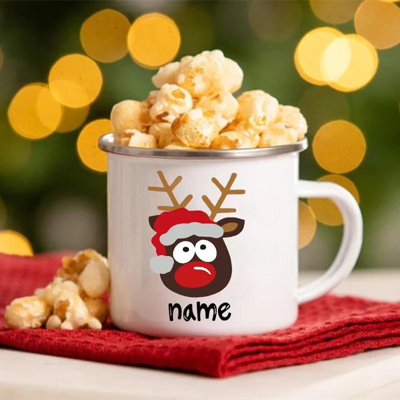 Personalisierte Hirsch-Weihnachts-Emaille-Tassen Benutzerdefinierter Name Heißer Kakao Schokolade Geschwister-Tasse Getränke Saft Tassen mit Griff Weihnachten Geschenke für Kind