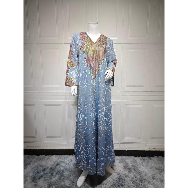 

Middle East New Ethnic Style Embroidered Robe Dress Embroidered V-neck Long Dress Gray Blue XL