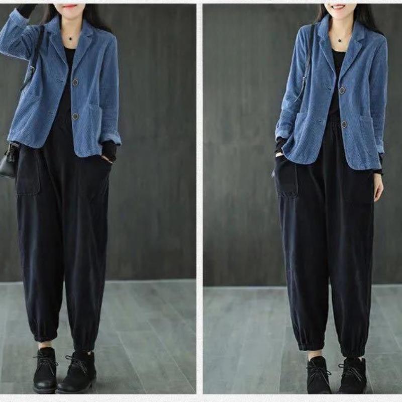 Harajuku Corduroy Jackets Korean Cute Solid Color Long Sleeve Lapel Neck Breasted Casual Double Pocket Cardigan Coat