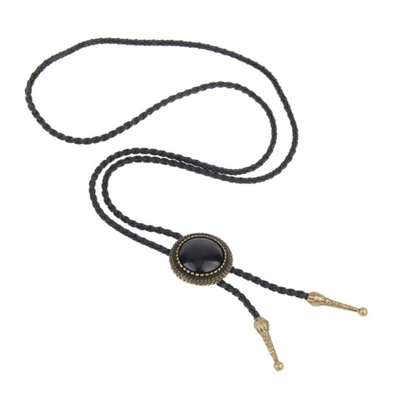 Handmade Vintage Bolo Tie for Women Mens Western Cowboy Leather Rope Necktie with Round Stone Pendant Jewelry Necklace