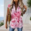 Women Plus Size Cap Sleeve Button Front Tunic Dress Pink Crystal Diamond Heart Print Curved Hem Casual Shirt Blouse