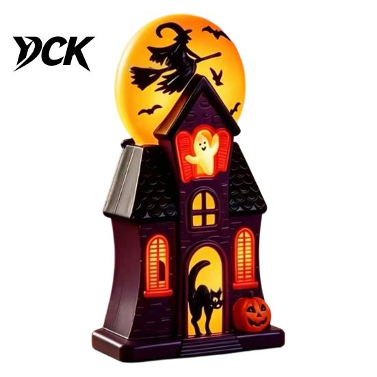Mystical Halloween Shadow Lamps Haunted House Blow Mold Light, Vintage Pre-Lit Mansion Decor with Glowing Witch Retro Ghost Ornaments Moon Black Cat,