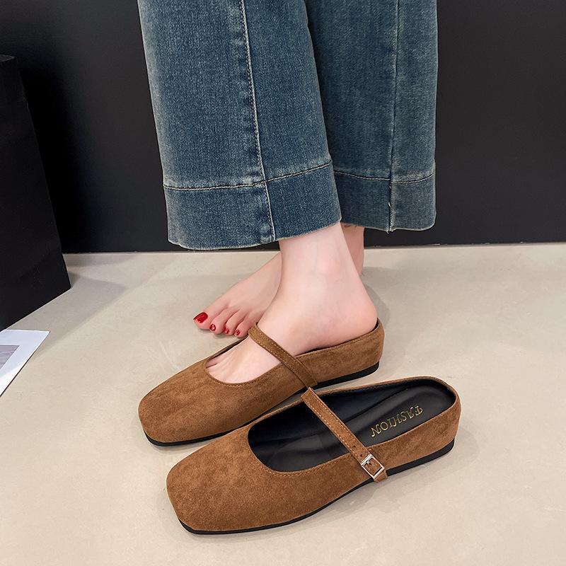 Retro Evening Wind Baotou Half Slippers Women's Versatile 2025 Autumn New Suede Thick-bottomed Muller Slippers