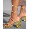 Fashion Eilyken New Summer Golden Crystal Fretwork High Heels Women Sandals Sexy Square Toe Butterfly-knot Ankle Strap Ladies Shoes