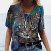 Summer V-neck 3D Cat Printed Top Fashionable Casual Short Sleeved Women's T-shirts