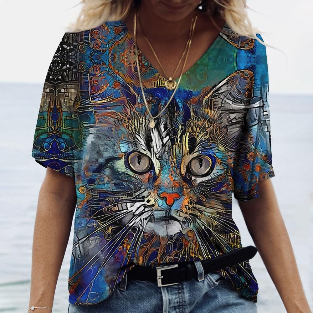 Summer V-neck 3D Cat Printed Top Fashionable Casual Short Sleeved Women's T-shirts