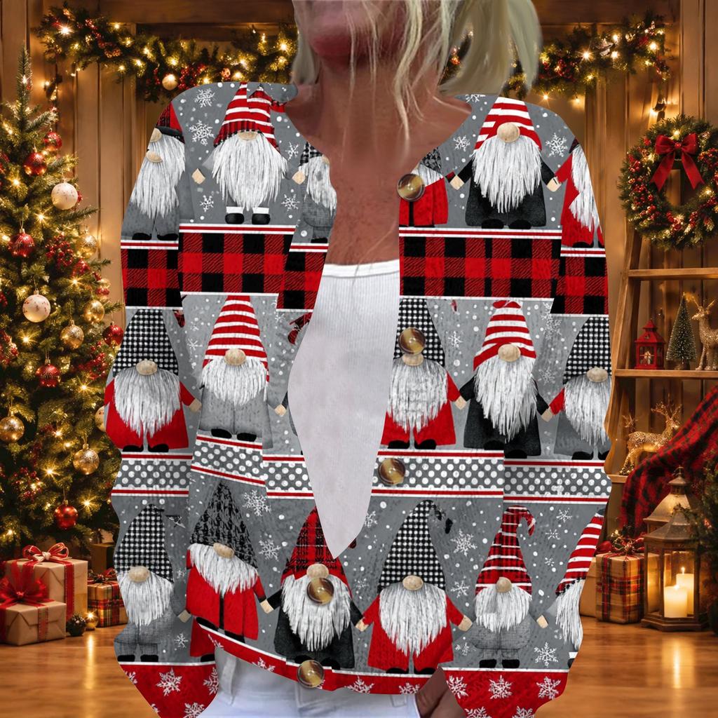 Women's Christmas Print Knit Cardigan Button Front Long Sleeve Sweater Coat for Holiday