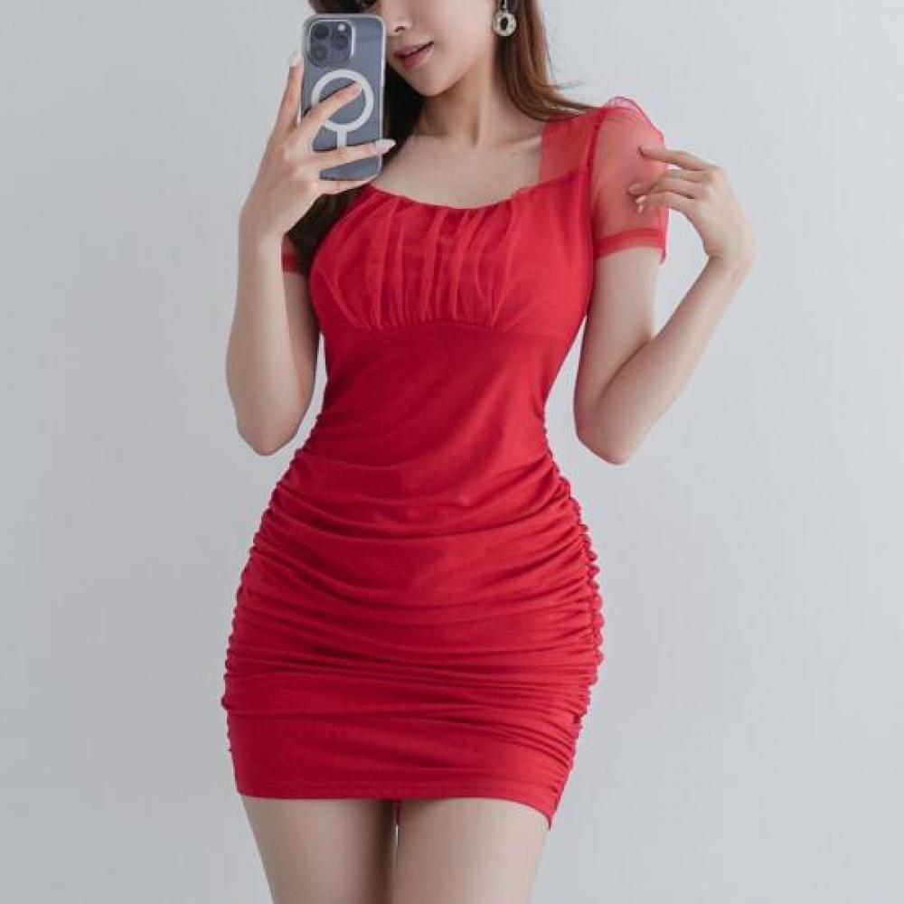New Arrivals Open Run Women Slim Sheer Mini Dress With Pleated Detail