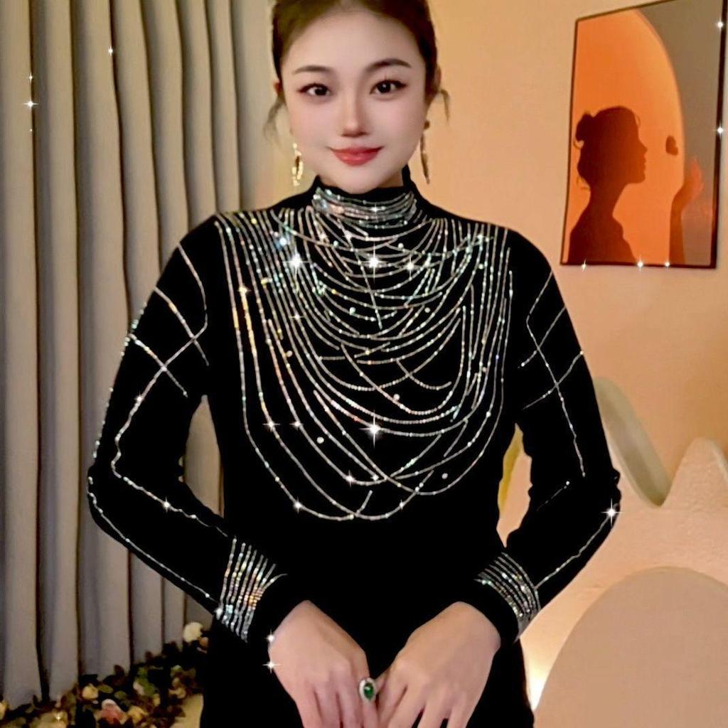 2024 Autumn/Winter Fashionable Rhinestone Warm Top: Age-Defying, Tummy Concealing, Versatile Long-Sleeve Base Layer for Moms