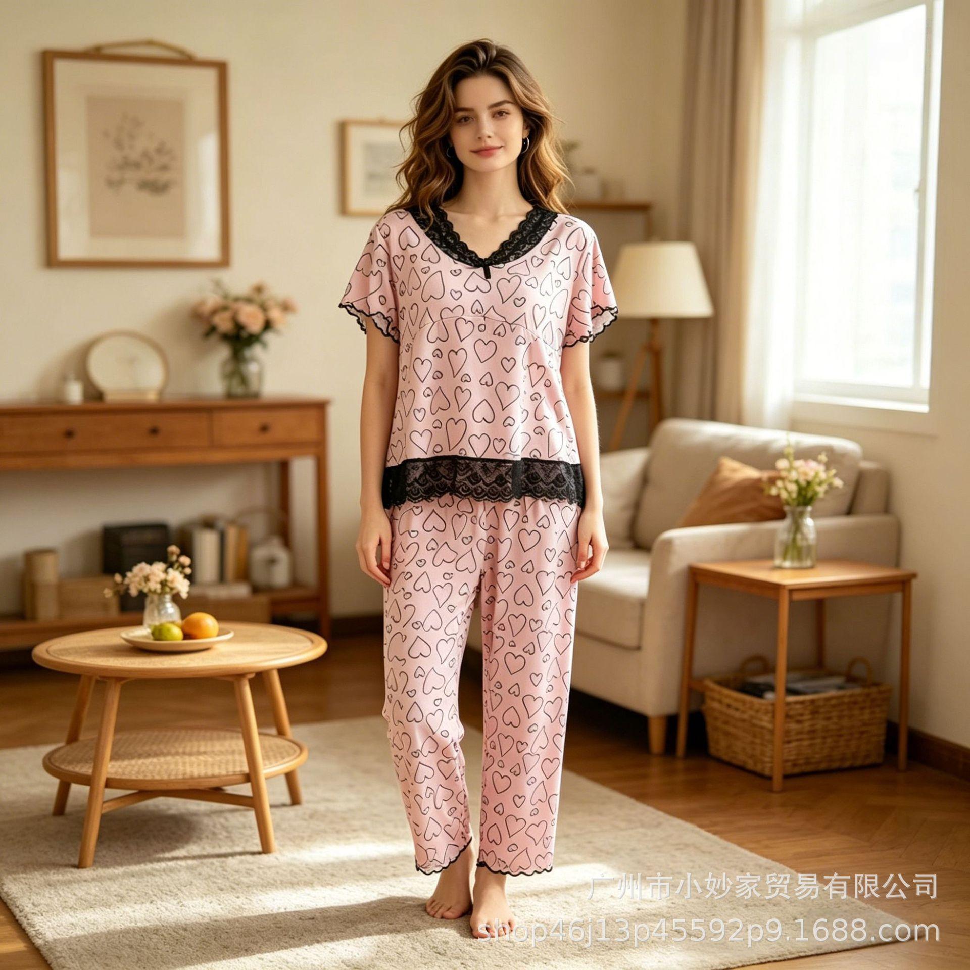 

Pajamas Lace Threaded Love Short Sleeve Pants Set Casual Sweet Loungewear One size fits all
