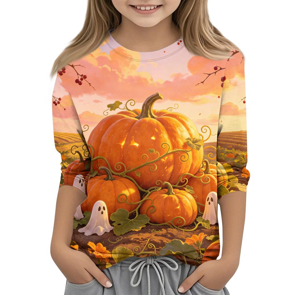 Kids Halloween Printed Crew Neck Three Quarter Sleeve Casual T Shirt Top for Boys and Girls Soft Comfortable Fabric