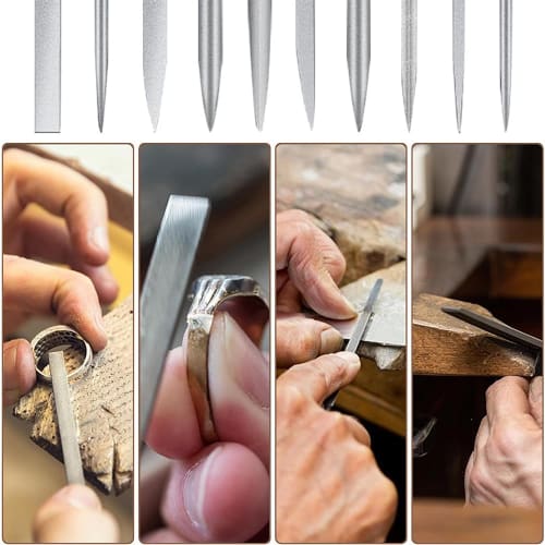 Diamond File Set of 10, 3 x 140mm, Includes Needle and Hand Files, Precision Tool Kit for Deburring Alloys, Balls, Ceramics, Glass, Plastic, Polishing