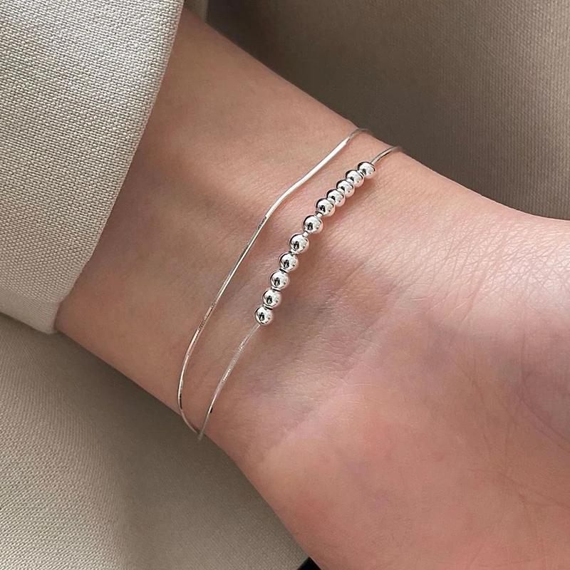 Real 925 Silver Double Layered Chain Bead Charm Bracelets for Women Classic Fine Jewelry Geometric Accessories